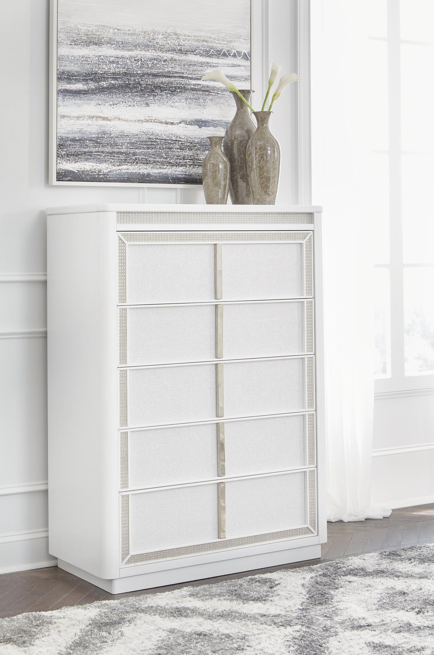 Chalanna California  Upholstered Storage Bed, Dresser, Mirror, Chest And Nightstand