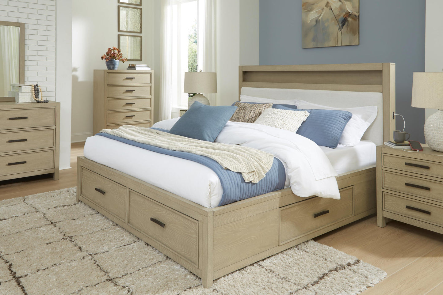 Calmoro  Bookcase Bed With Mirrored Dresser And Nightstand