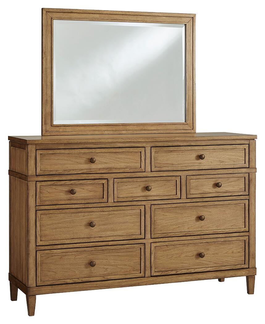 Sharlance California  Upholstered Panel Bed, Dresser And Mirror