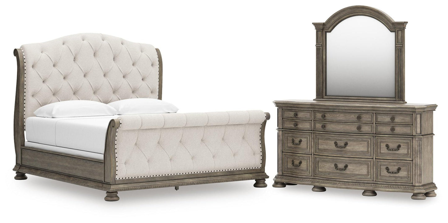 Ardenfield  Upholstered Sleigh Bed, Dresser And Mirror