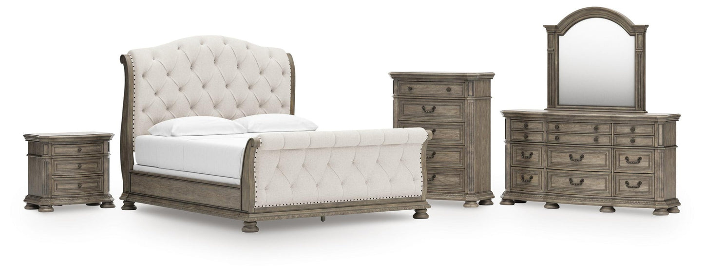 Ardenfield California  Upholstered Sleigh Bed, Dresser, Mirror, Chest And Nightstand