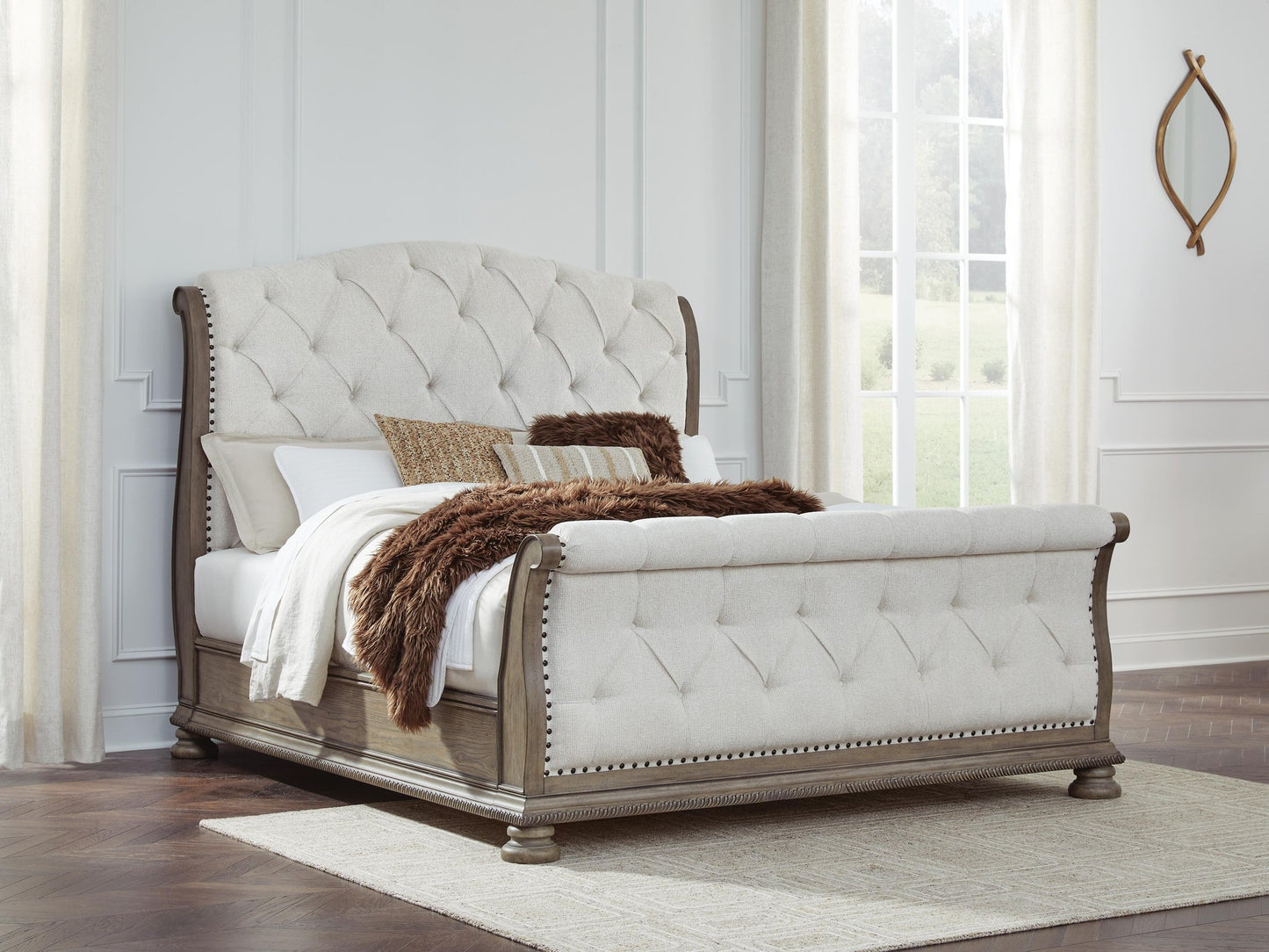 Ardenfield California  Upholstered Sleigh Bed, Dresser, Mirror And Nightstand