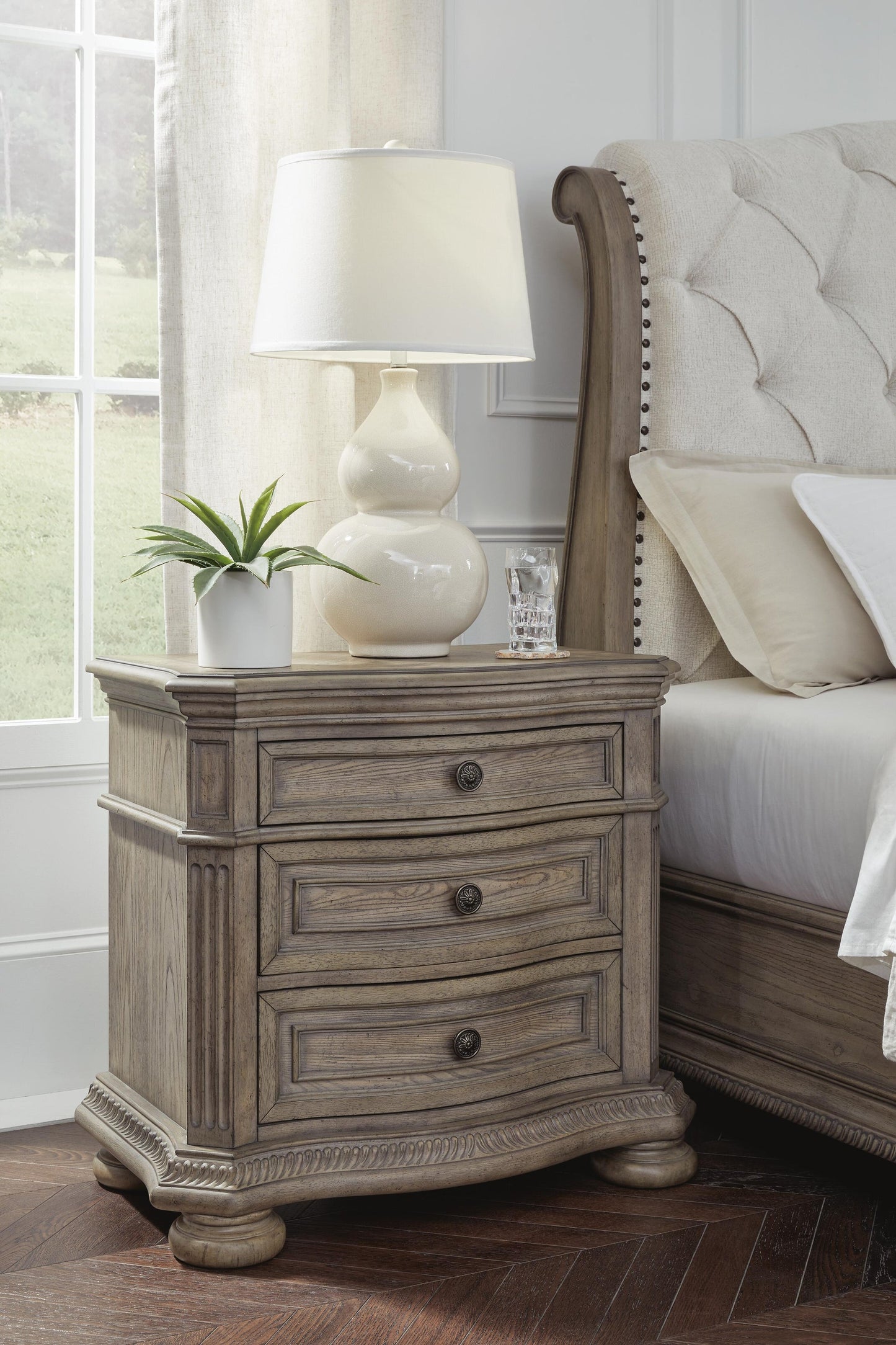 Ardenfield  Upholstered Sleigh Bed, Dresser, Mirror, Chest And Nightstand