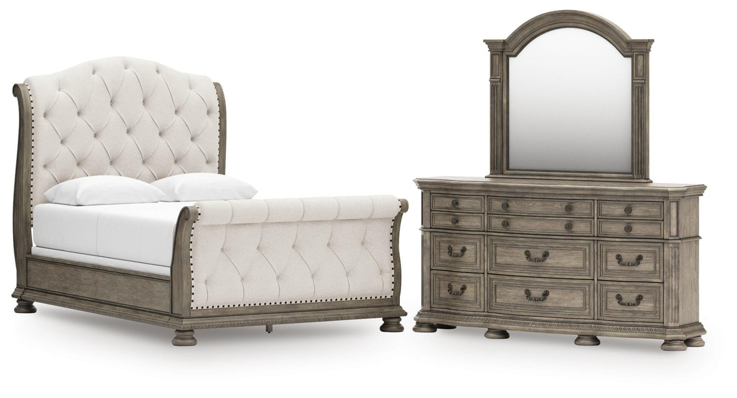 Ardenfield  Upholstered Sleigh Bed, Dresser And Mirror