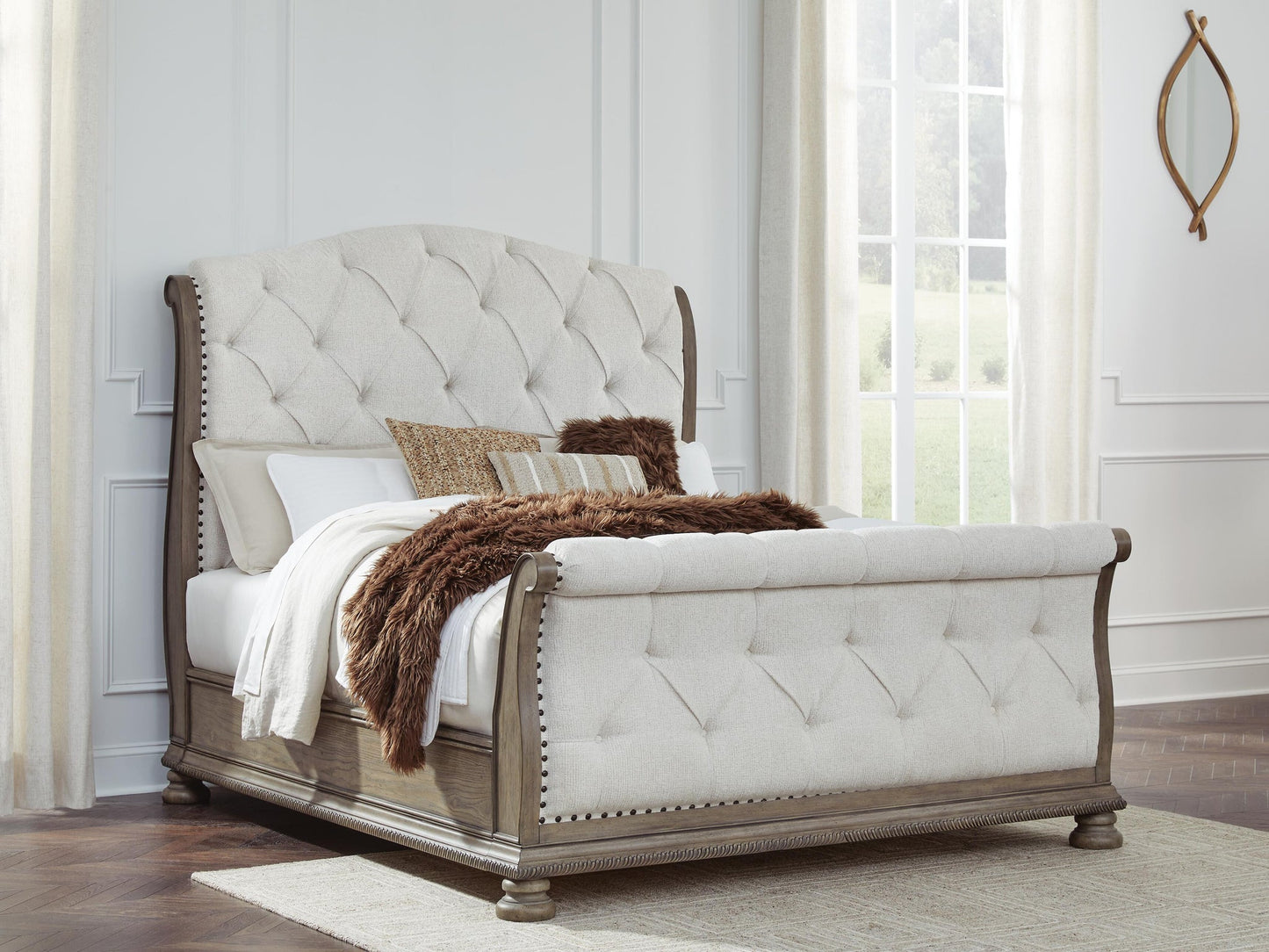 Ardenfield  Upholstered Sleigh Bed, Dresser And Mirror