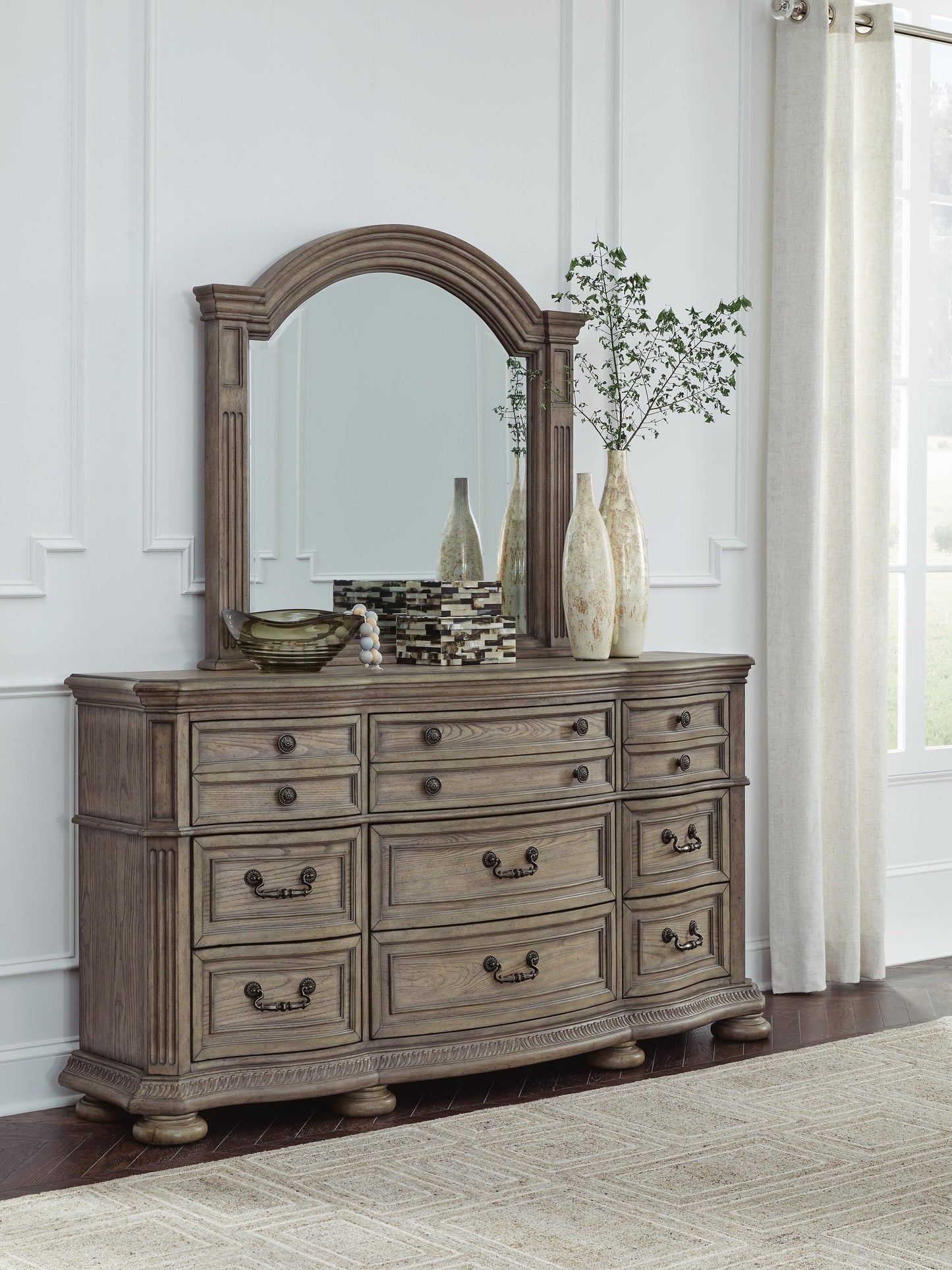 Ardenfield  Upholstered Sleigh Bed, Dresser And Mirror