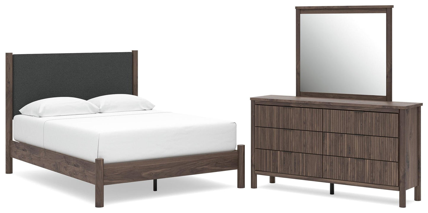 Cadmori  Upholstered Panel Platform Bed, Dresser And Mirror