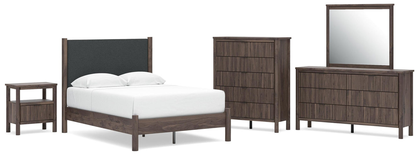 Cadmori  Upholstered Panel Platform Bed, Dresser, Mirror, Chest And Nightstand