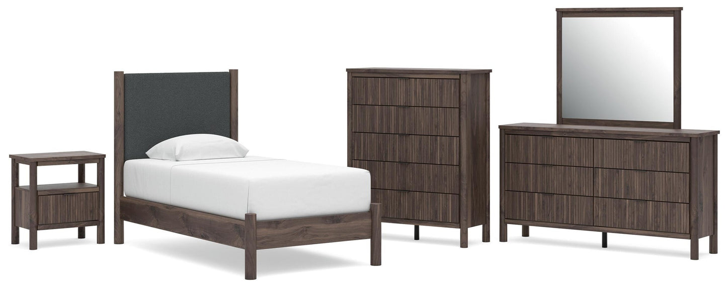 Cadmori  Upholstered Panel Platform Bed, Dresser, Mirror, Chest And Nightstand