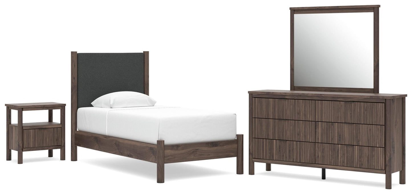 Cadmori  Upholstered Panel Platform Bed, Dresser, Mirror And Nightstand
