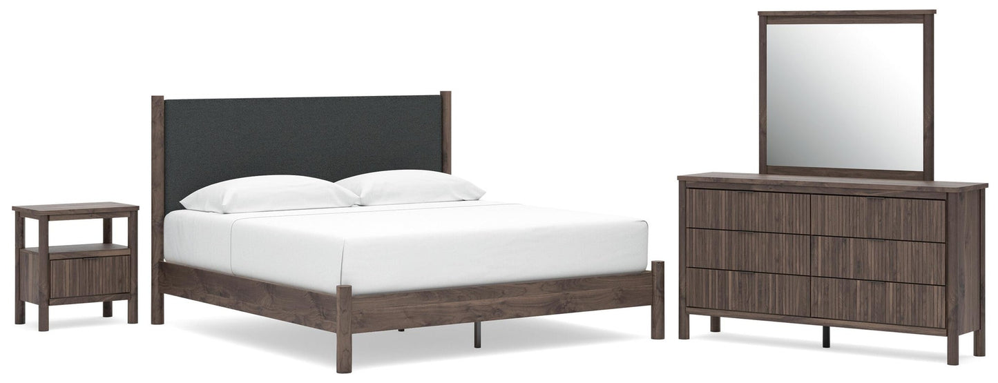 Cadmori  Upholstered Panel Platform Bed, Dresser, Mirror And Nightstand