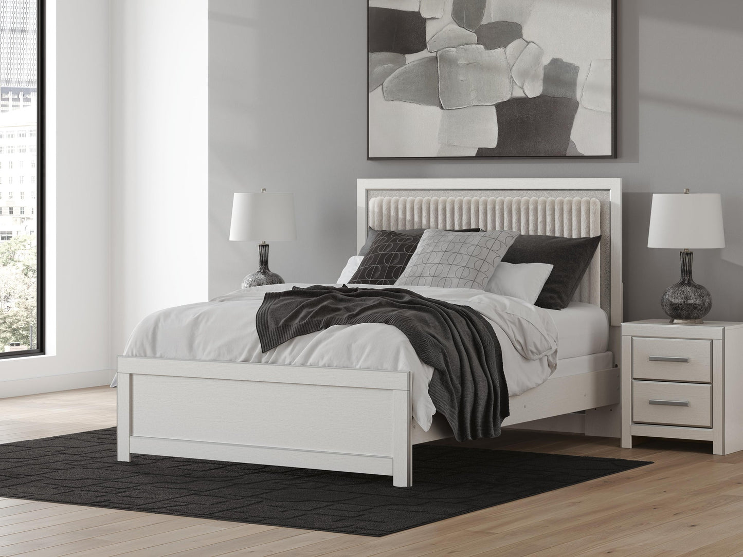 Birmonton  Upholstered Panel Bed, Dresser, Mirror, Chest And Nightstand