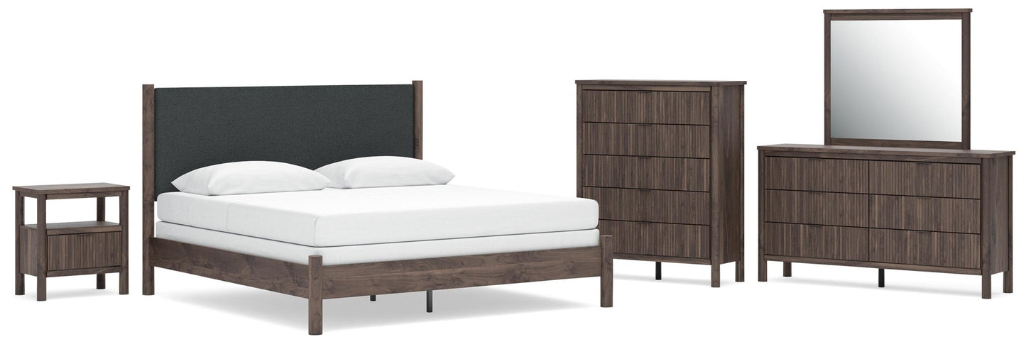 Cadmori  Upholstered Panel Bed, Dresser, Mirror, Chest And Nightstand