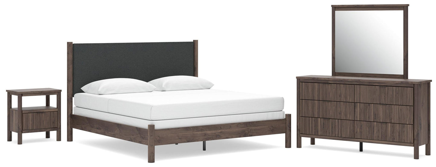 Cadmori  Upholstered Panel Bed, Dresser, Mirror And Nightstand