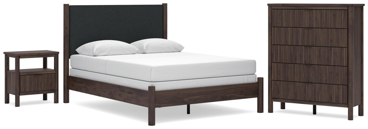Cadmori  Upholstered Panel Bed, Dresser, Mirror And Nightstand