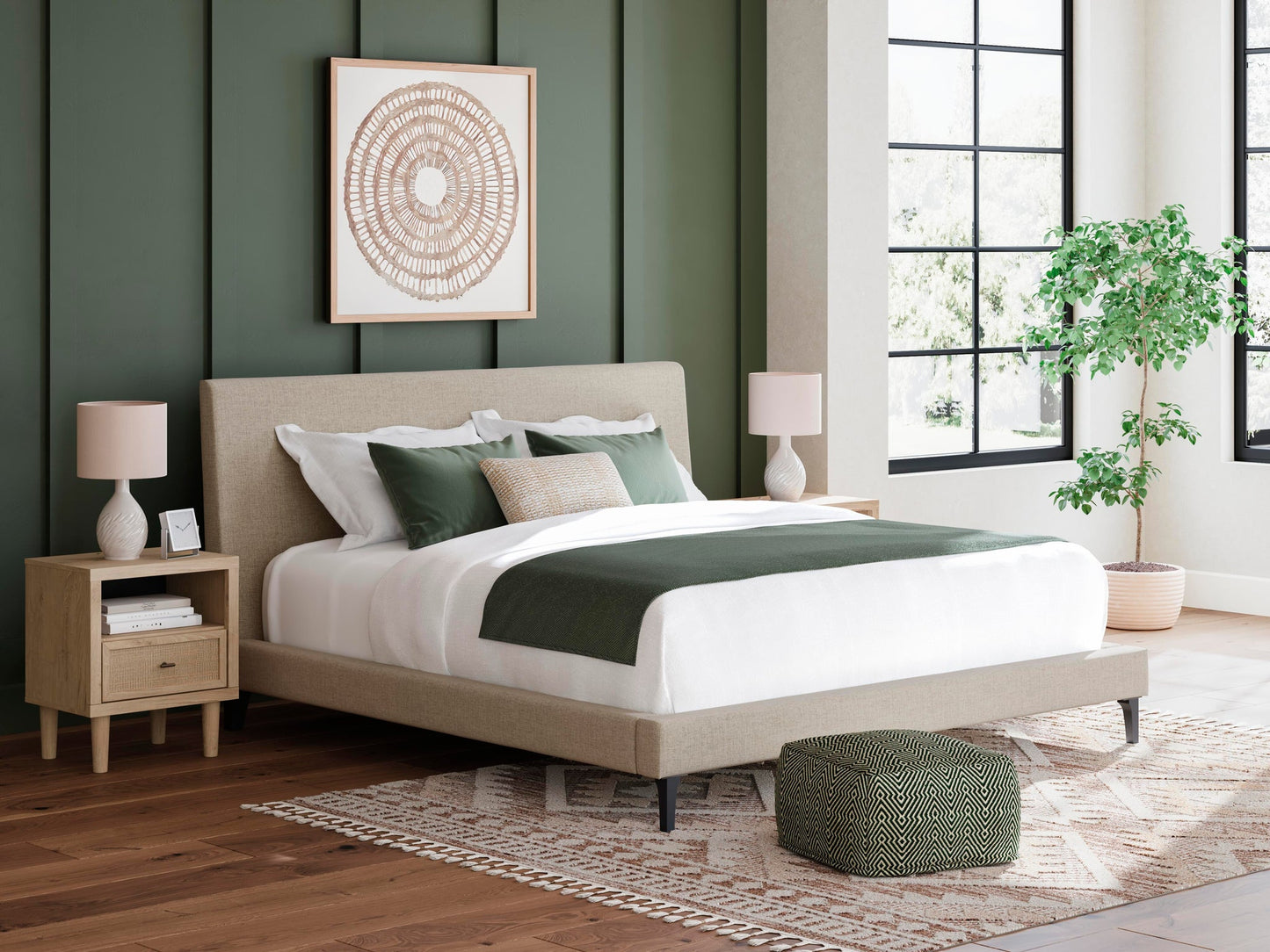 Cielden California  Upholstered Bed With Roll Slats, Dresser, Mirror, Chest And Nightstand