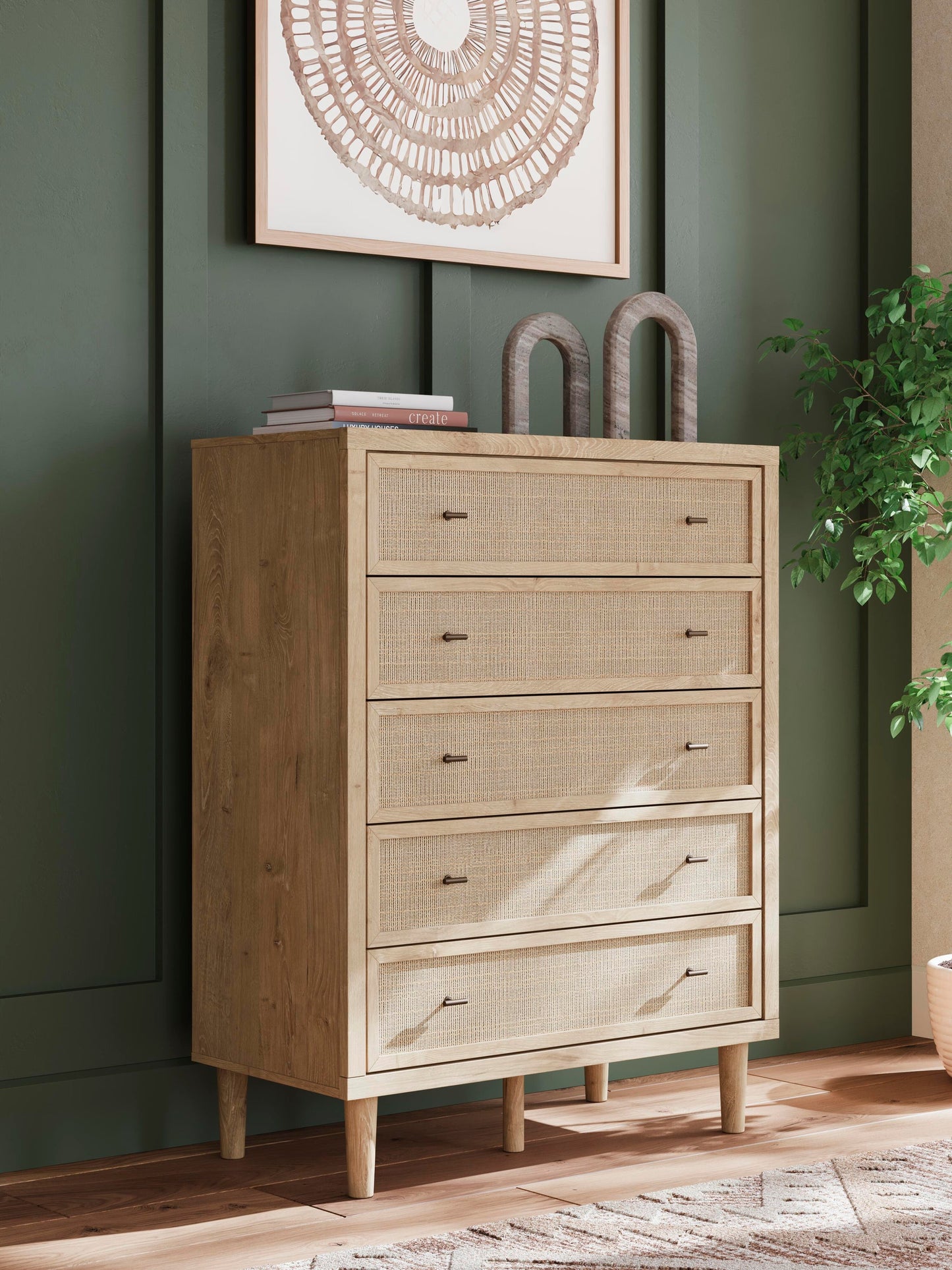Cielden California  Upholstered Bed With Roll Slats, Dresser, Mirror, Chest And Nightstand