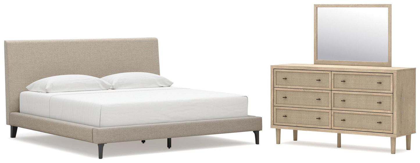 Cielden  Upholstered Bed With Roll Slats, Dresser And Mirror