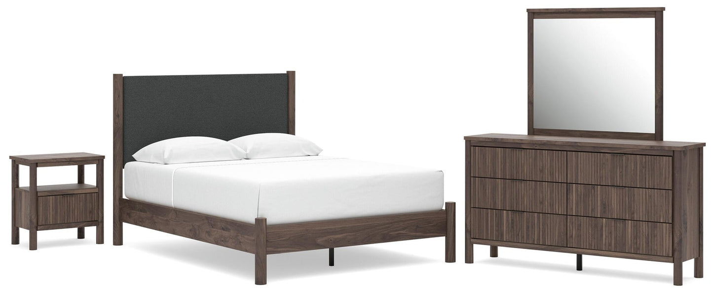 Cadmori  Upholstered Panel Platform Bed, Dresser, Mirror And Nightstand