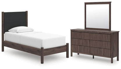 Pamytta  Upholstered Panel Platform Bed, Dresser And Mirror