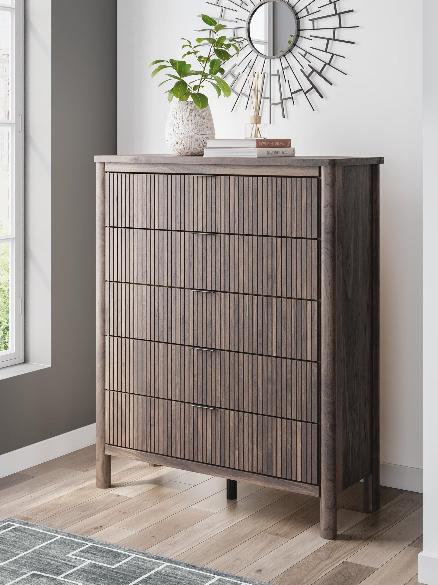 Cadmori  Panel Platform Bed, Dresser, Mirror, Chest And Nightstand
