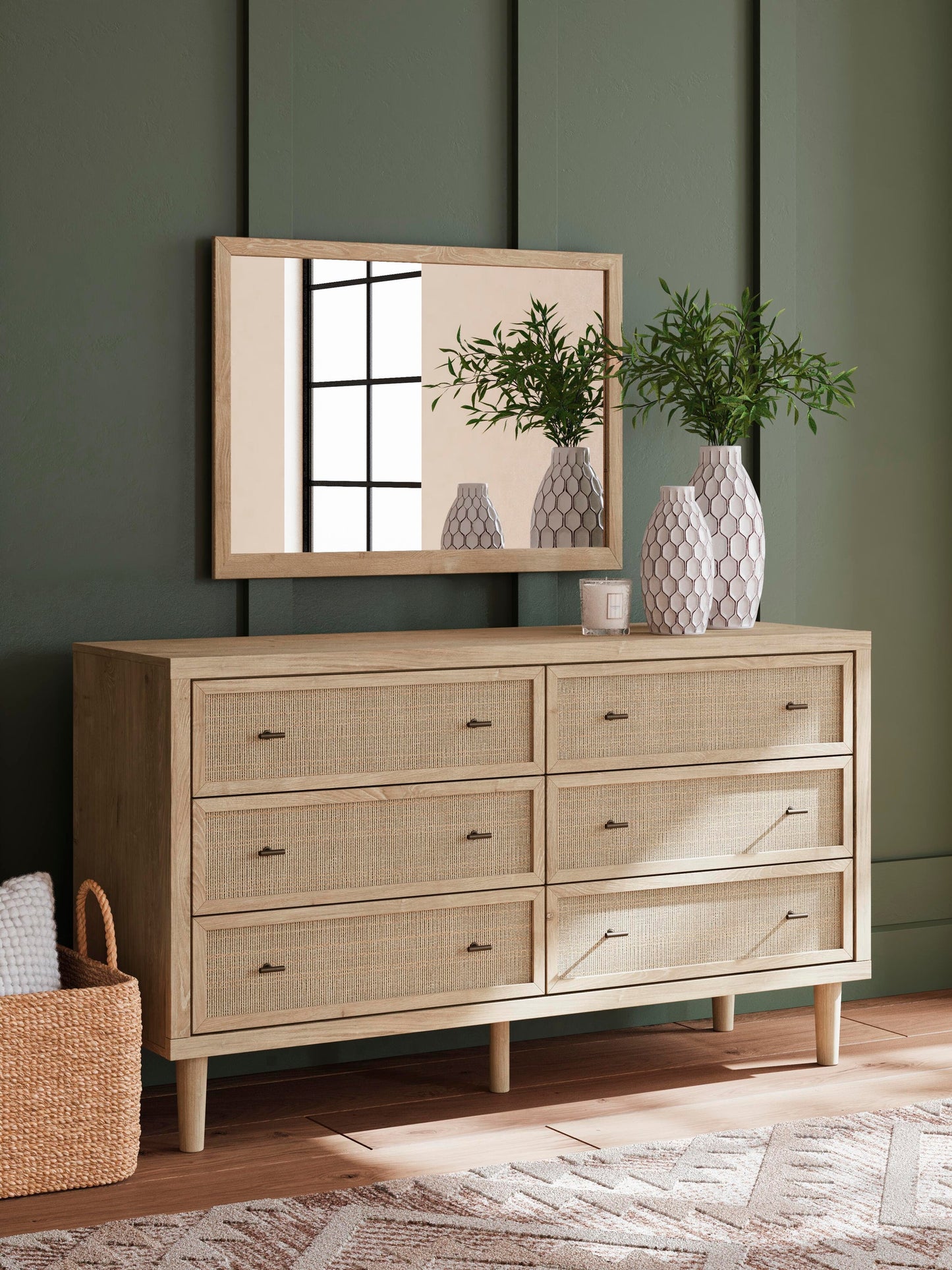 Cielden  Upholstered Bed With Roll Slats, Dresser, Mirror, Chest And Nightstand