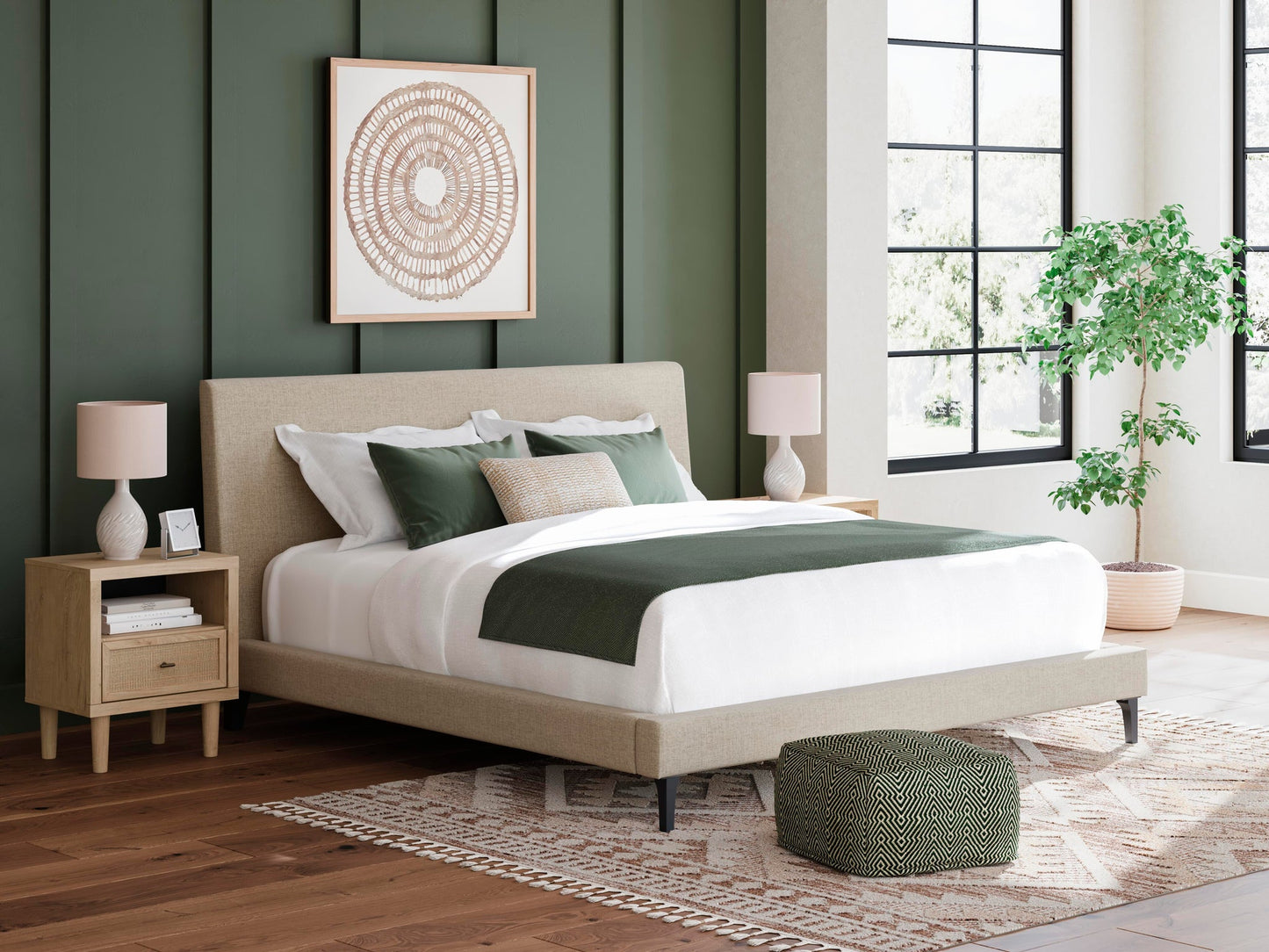 Cielden  Upholstered Bed With Roll Slats, Dresser, Mirror, Chest And Nightstand