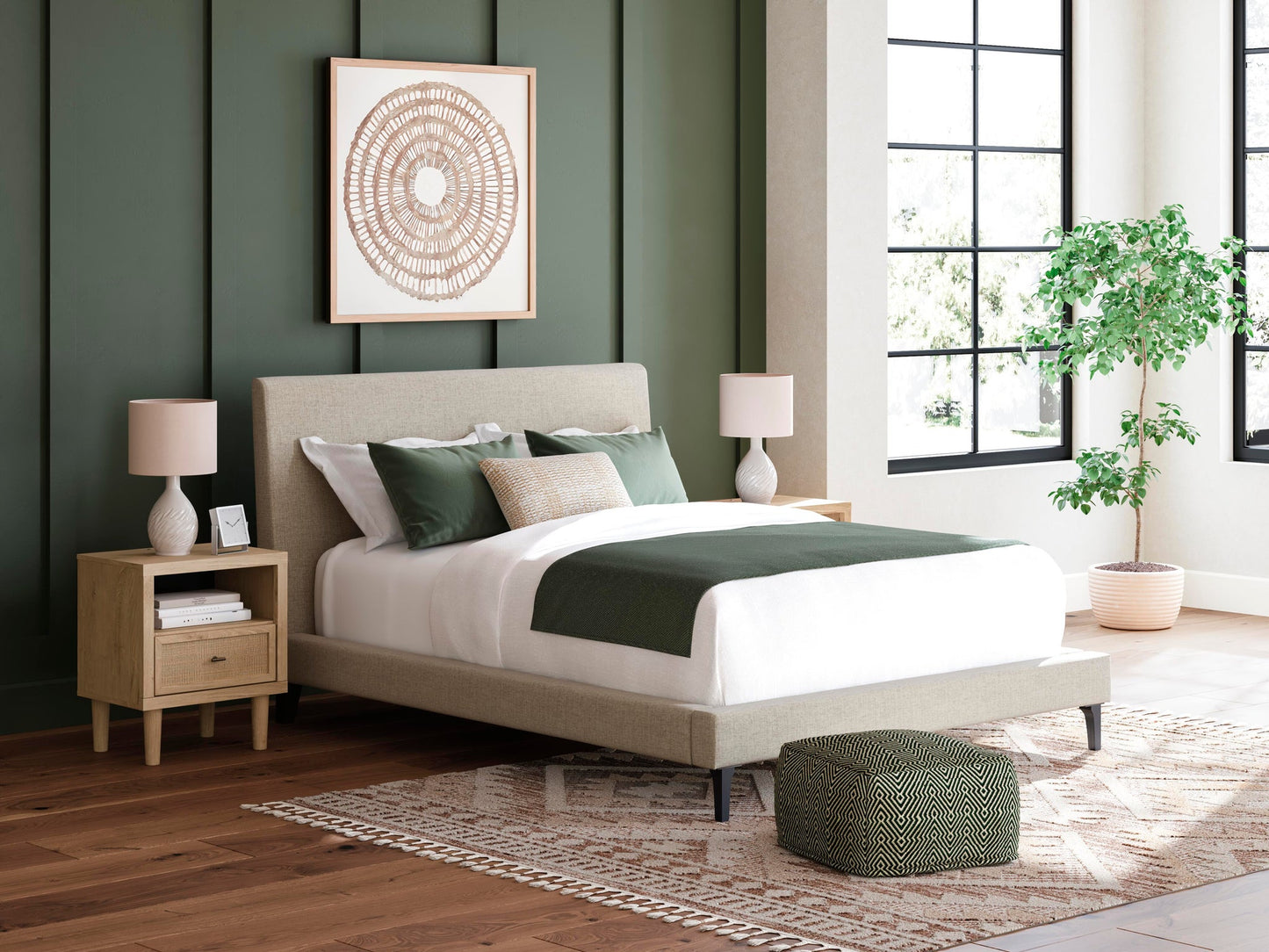 Cielden  Upholstered Bed With Roll Slats, Dresser And Mirror