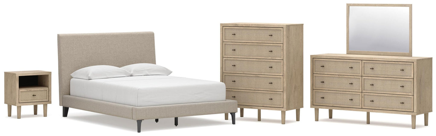 Cielden  Upholstered Bed With Roll Slats, Dresser, Mirror, Chest And Nightstand