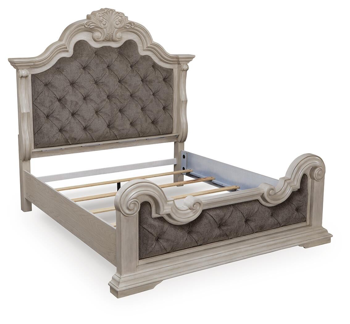 Bruchandi  Upholstered Panel Bed With Mirrored Dresser And Nightstand