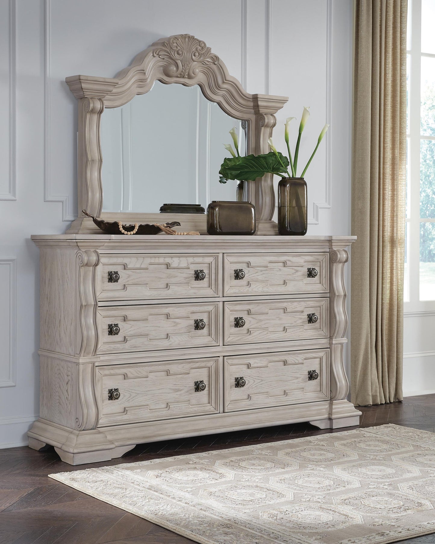 Bruchandi  Upholstered Panel Bed With Mirrored Dresser And Nightstand