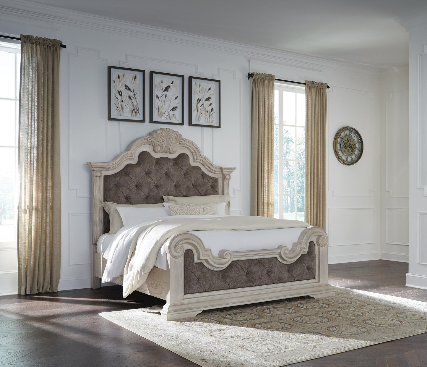 Bruchandi  Upholstered Panel Bed With Mirrored Dresser And Nightstand