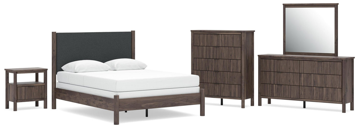 Cadmori  Upholstered Panel Bed, Dresser, Mirror, Chest And Nightstand