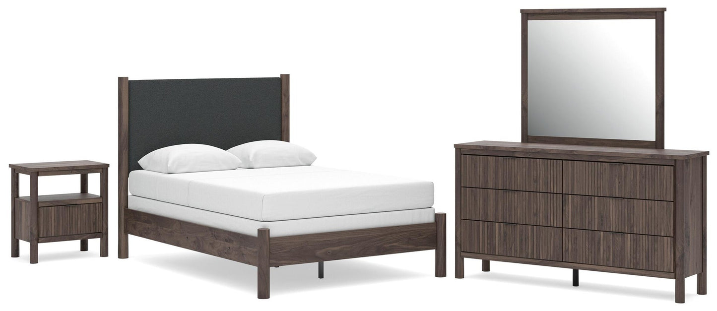 Cadmori  Upholstered Panel Bed, Dresser, Mirror And Nightstand