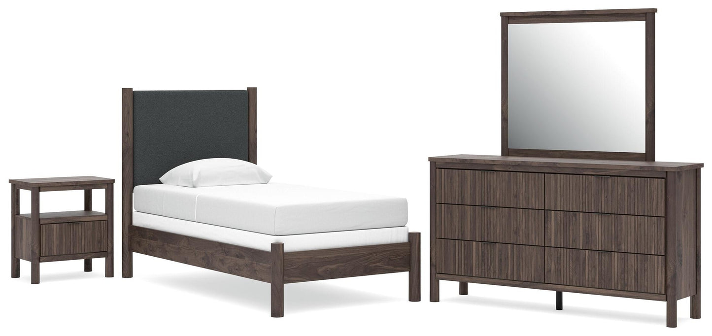Cadmori  Upholstered Panel Bed, Dresser, Mirror, Chest And Nightstand