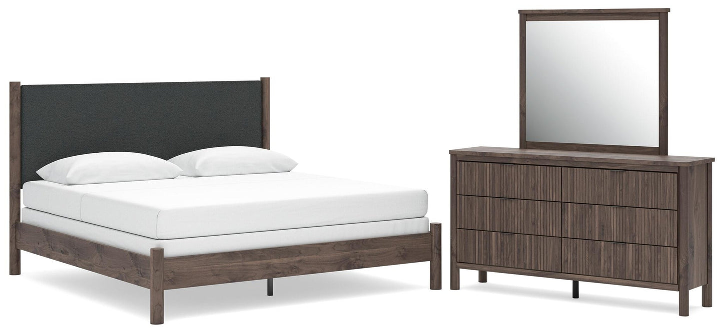Pamytta  Upholstered Panel Bed, Dresser And Mirror