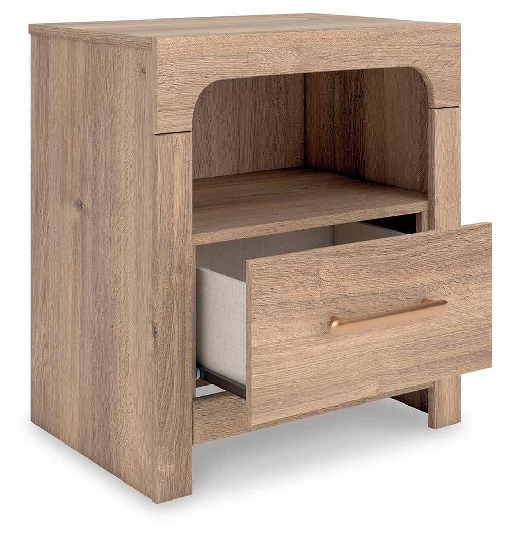 Hollymount  Upholstered Panel Bed, Dresser, Mirror And Nightstand