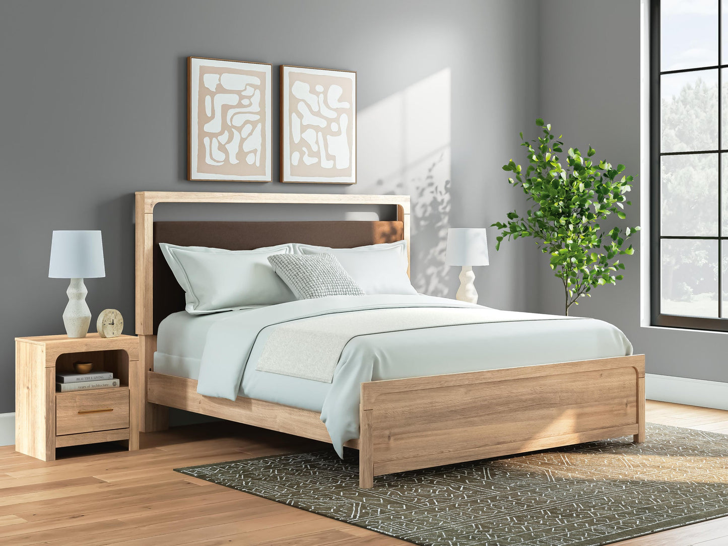 Hollymount  Upholstered Panel Bed, Dresser, Mirror And Nightstand