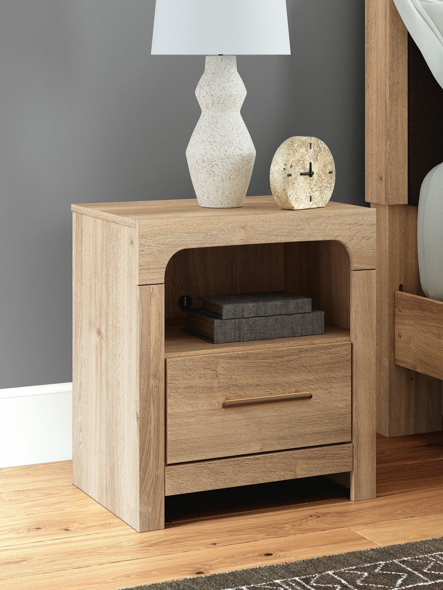 Hollymount  Upholstered Panel Bed, Dresser, Mirror And Nightstand