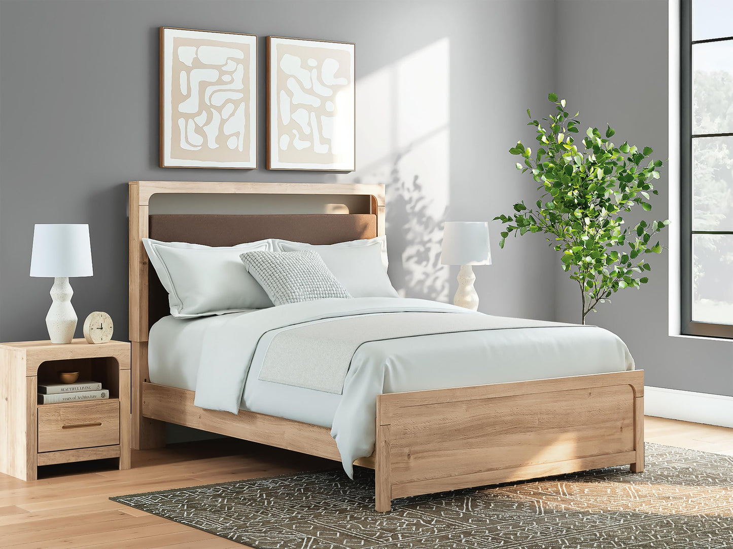 Hollymount  Upholstered Platform Bed, Dresser, Mirror And Nightstand