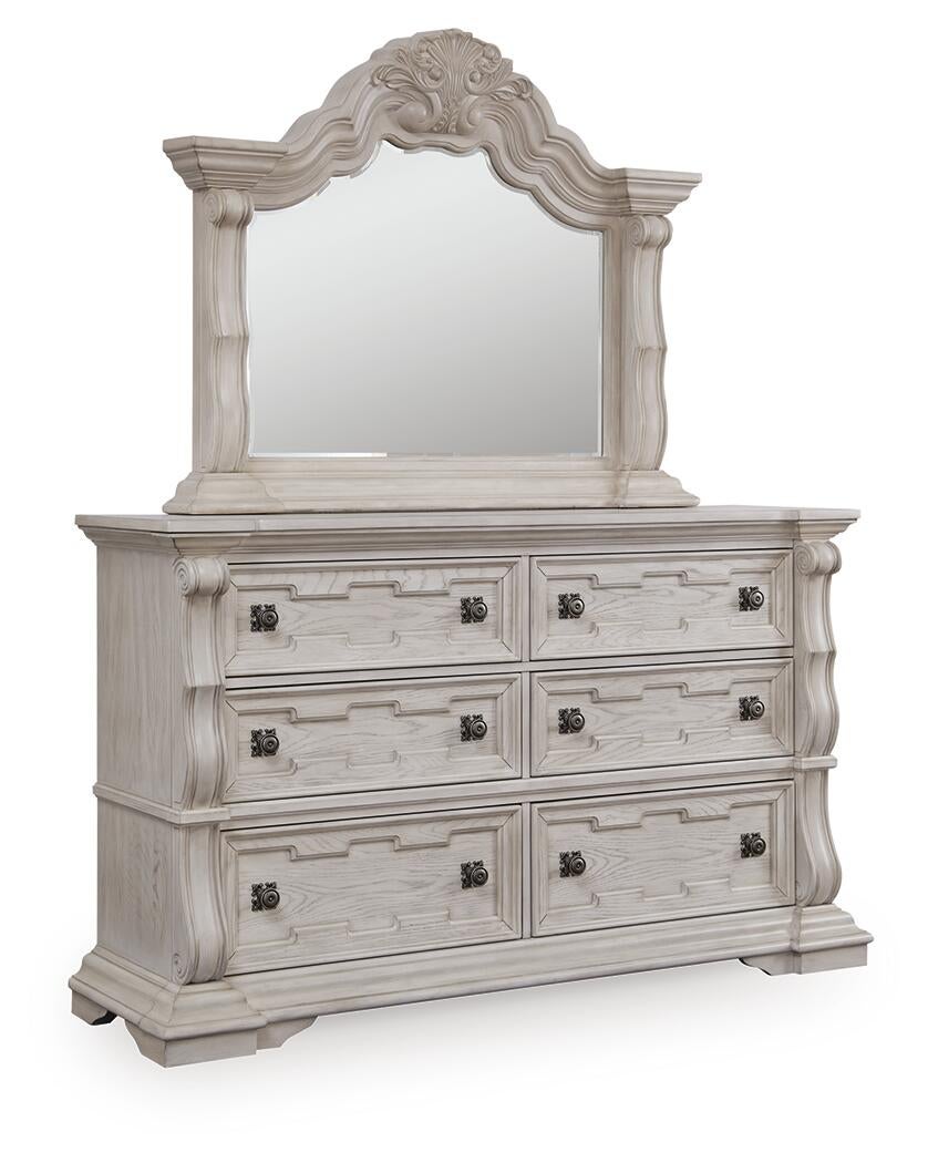 Andonhall California  Upholstered Panel Bed With Mirrored Dresser And Nightstand