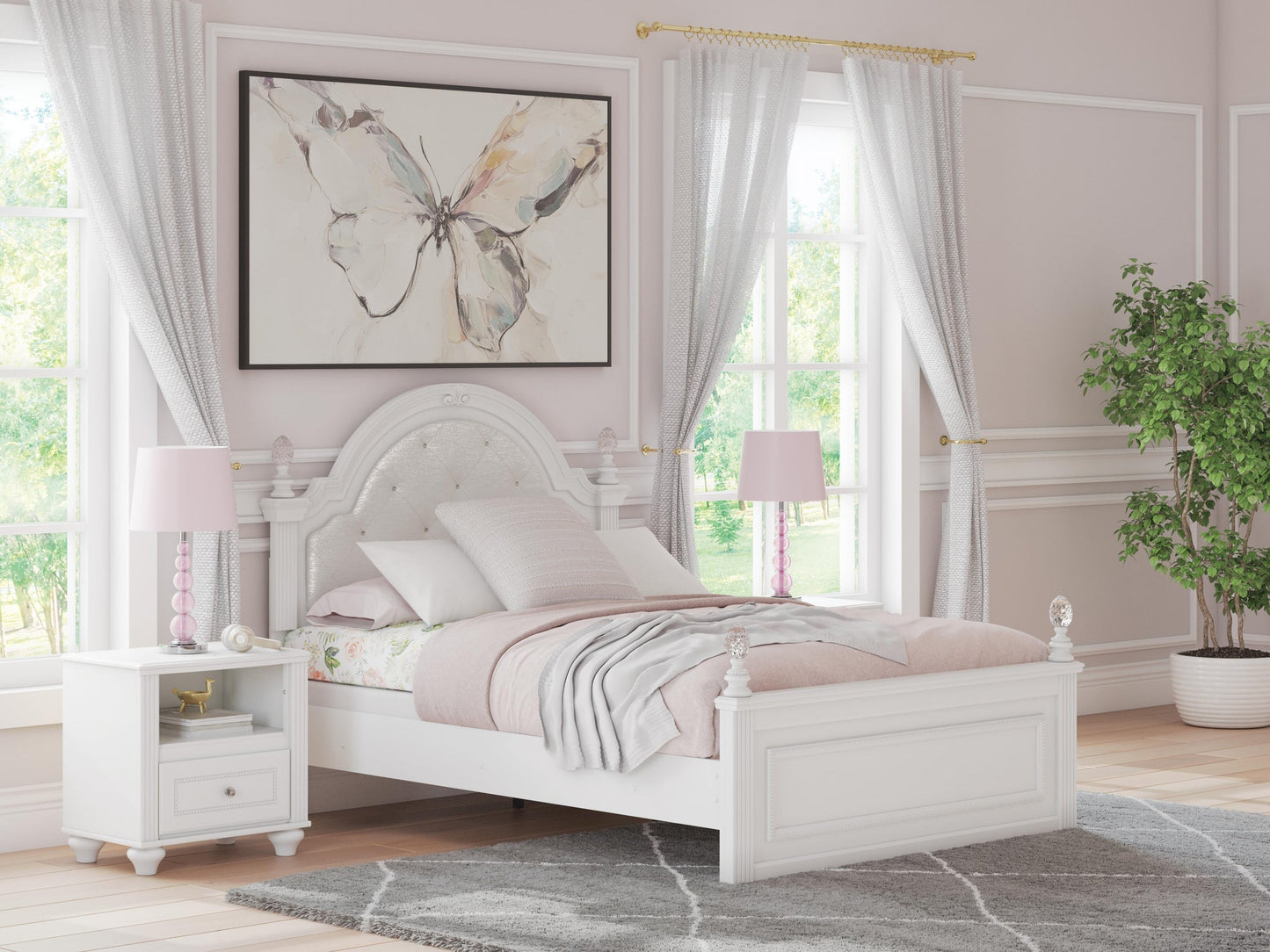 Maylilly  Upholstered Panel Bed, Dresser, Mirror And Nightstand