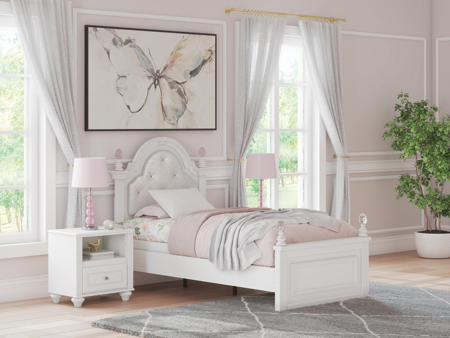Kozlani  Upholstered Panel Bed, Dresser, Mirror And Nightstand