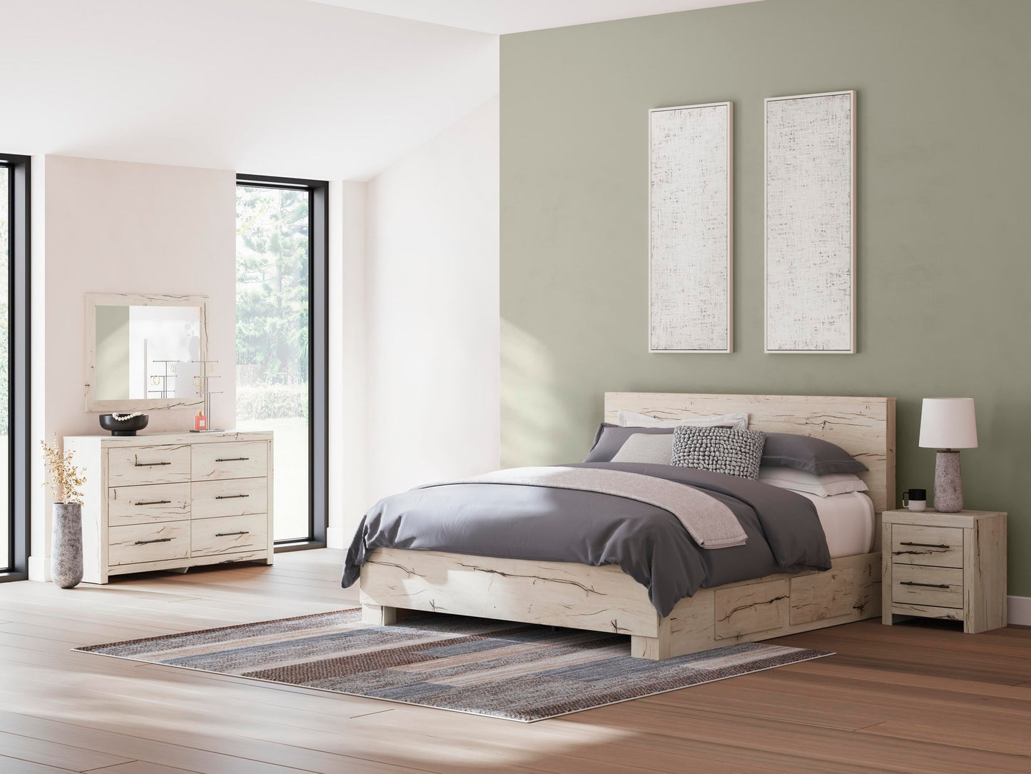 Lawroy  Panel Bed With Storage, Dresser, Mirror And Nightstand