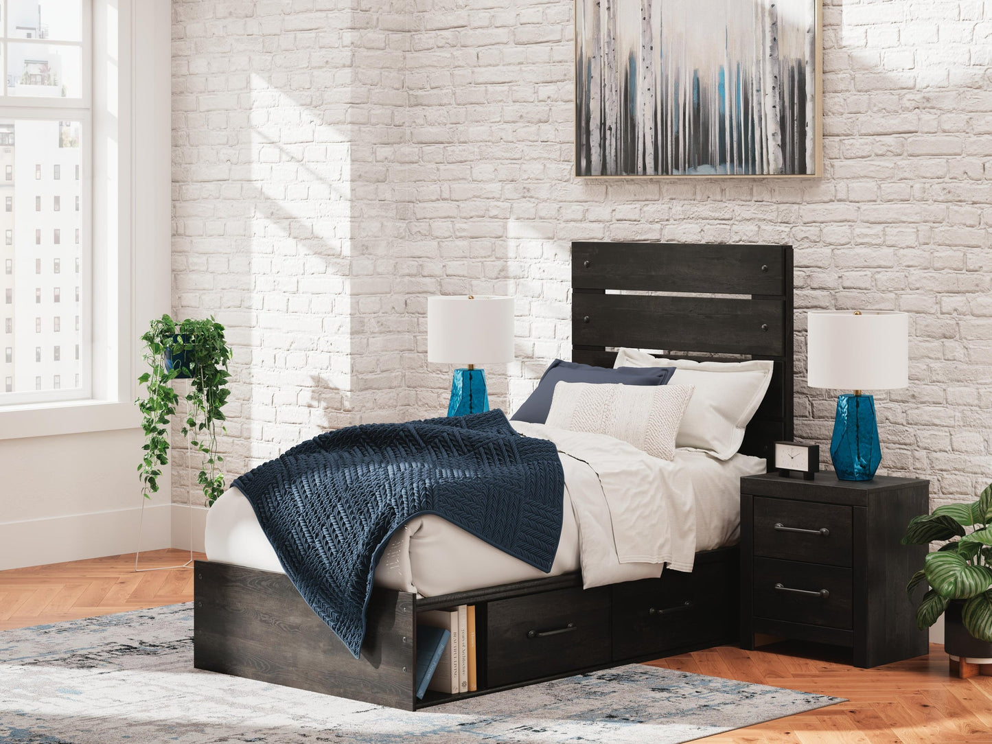 Delmorta  Panel Bed With Storage, Dresser And Mirror