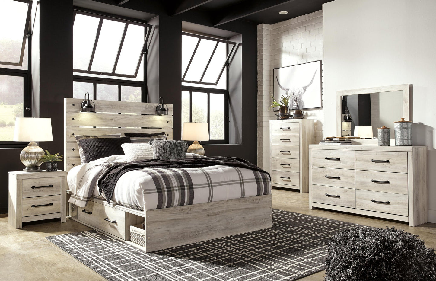 Cambeck  Panel Bed With 4 Storage Drawers With Mirrored Dresser, Chest And Nightstand