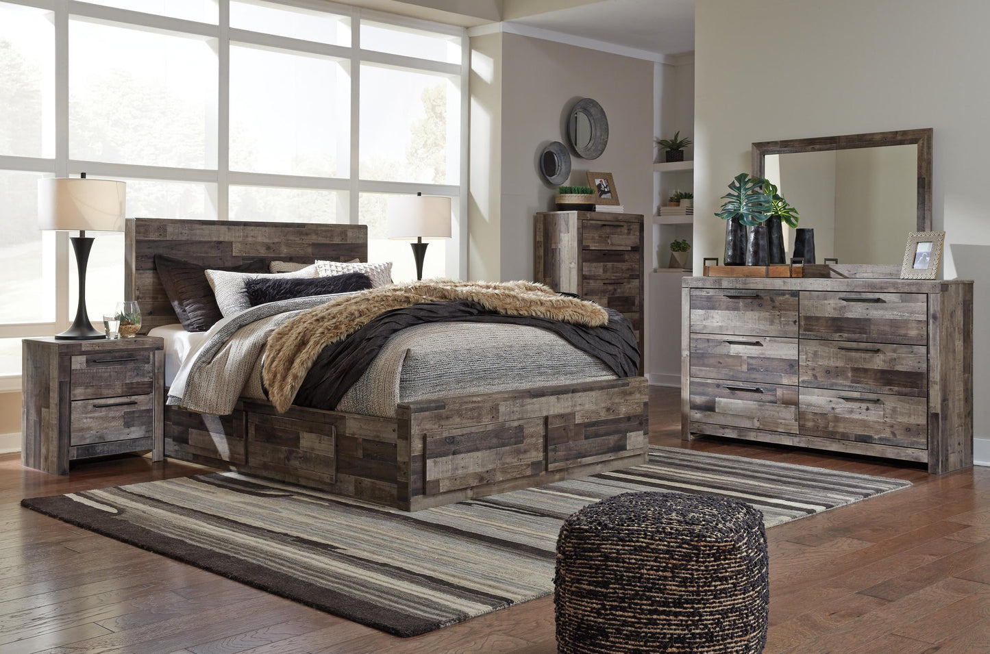 Derekson  Panel Bed With 4 Storage Drawers With Mirrored Dresser, Chest And Nightstand