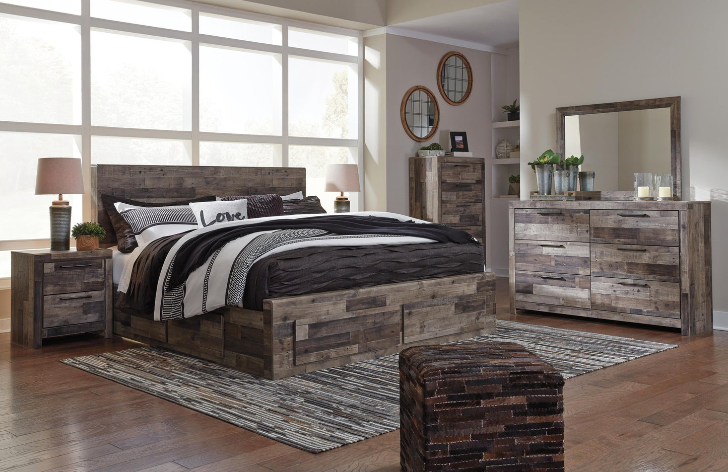 Derekson  Panel Bed With 4 Storage Drawers With Mirrored Dresser, Chest And Nightstand