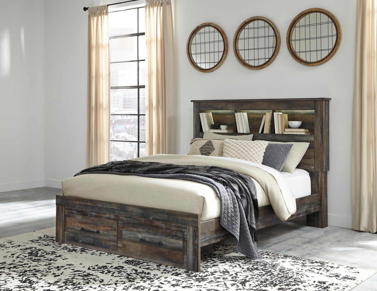 Drystan  Panel Bed With 2 Storage Drawers With Mirrored Dresser