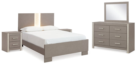 Surancha  Panel Bed With Mirrored Dresser And 2 Nightstands